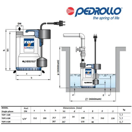 Pedrollo TOP 2  GM 10m kábel (magn.plavák)
