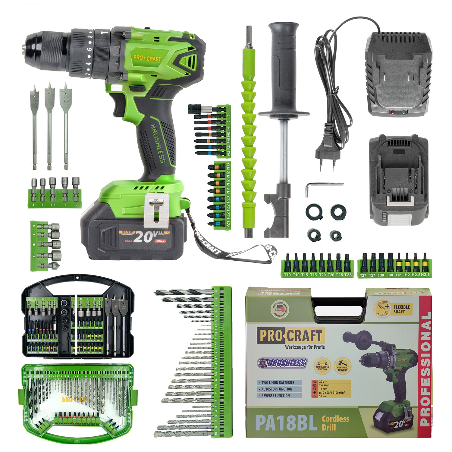 Bezuhlíková aku príklepová vŕtačka Procraft SPA18BL so sadou bitov DBS-101 | SPA18BL/DBS101