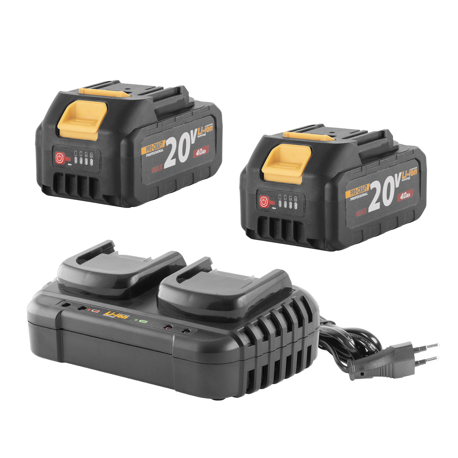 Sada dve batérie 20V 4Ah Procraft 20/4 ATA-40B a nabíjačka na dve batérie 20/2 | S2x20/4ATA-40B-20/2