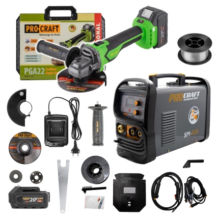 Sada zvárací poloautomatický invertor SPI-320 s aku uhlovou brúskou PGA22-1B-C + zvárací drôt FW81 | SSPI-320/PGA22-1B