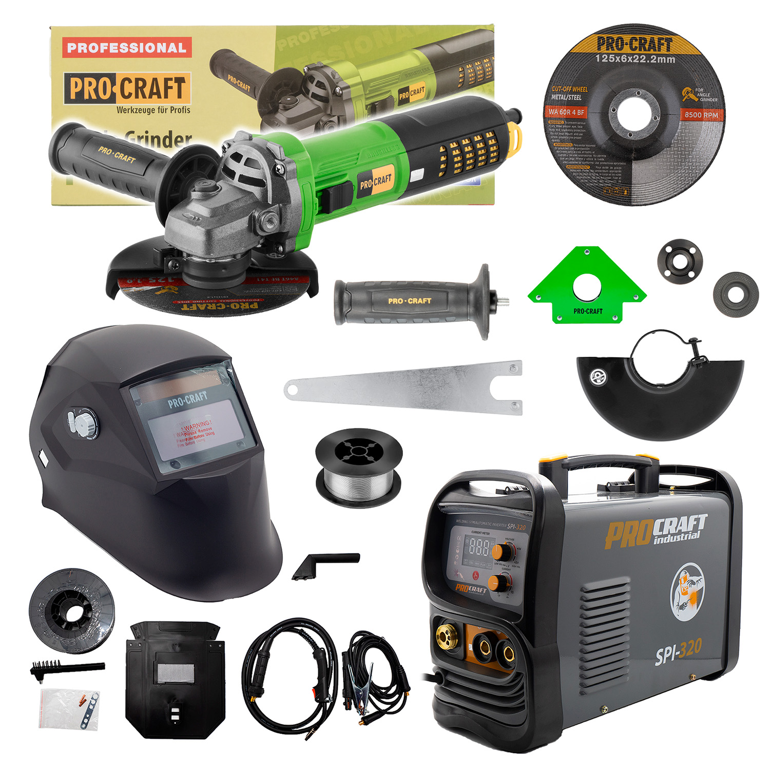 Sada zvárací poloautomatický invertor SPI-320 s uhlovou brúskou PW2450 + zvárací drôt FW81 + kukla SPH90-800-B + magnet WH33 | SSPI-320/PW2450/SPH90