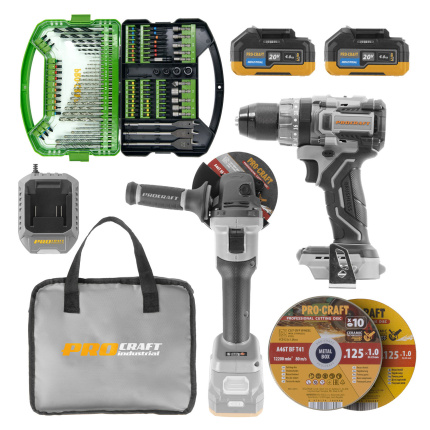 Sada aku uhlovej brúsky Procraft Industrial AG125A-BB a vŕtacieho skrutkovača Procraft Industrial CD20A-BB | SAG125A bb/CD20Abb/BI500